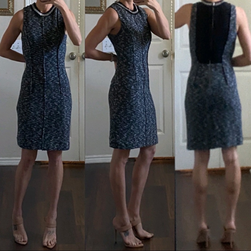 Rebecca Taylor black gray cotton silk sleeveless midi work sheath dress